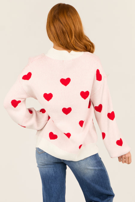 Ivory and Red Bubble Sleeve Heart Sweater