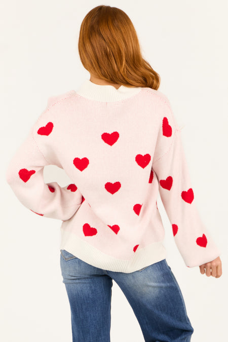 Ivory and Red Bubble Sleeve Heart Sweater