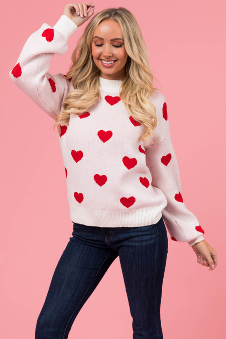 Ivory and Red Bubble Sleeve Heart Sweater