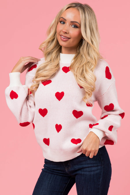 Ivory and Red Bubble Sleeve Heart Sweater