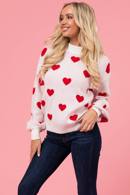 Ivory and Red Bubble Sleeve Heart Sweater