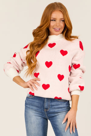 Ivory and Red Bubble Sleeve Heart Sweater