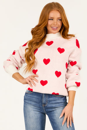 Ivory and Red Bubble Sleeve Heart Sweater