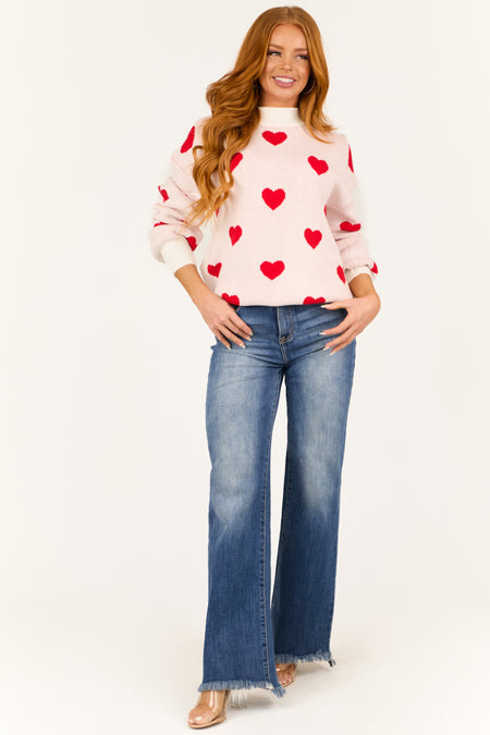 Ivory and Red Bubble Sleeve Heart Sweater