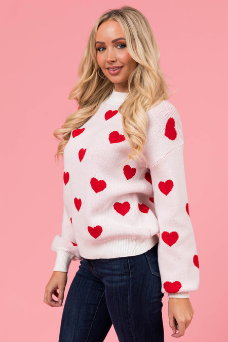 Ivory and Red Bubble Sleeve Heart Sweater