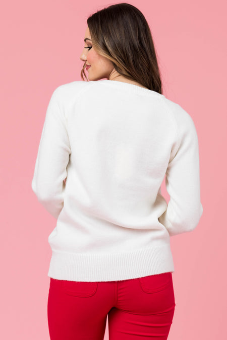 Ivory and Red Cable Knit Heart Sweater