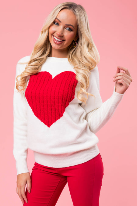 Ivory and Red Cable Knit Heart Sweater