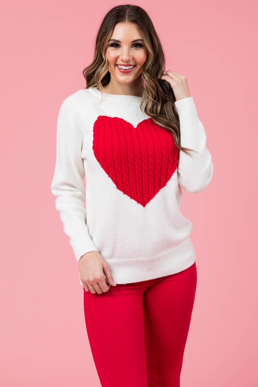 Ivory and Red Cable Knit Heart Sweater