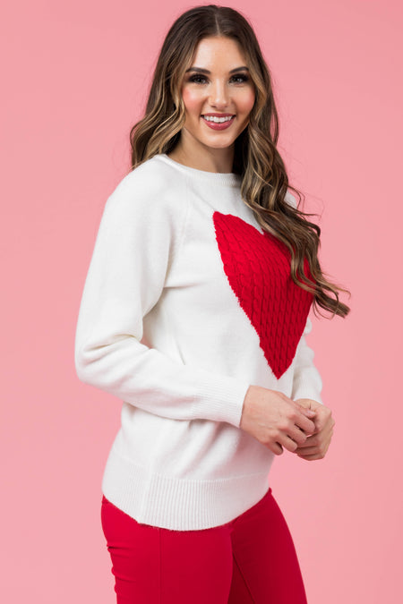 Ivory and Red Cable Knit Heart Sweater