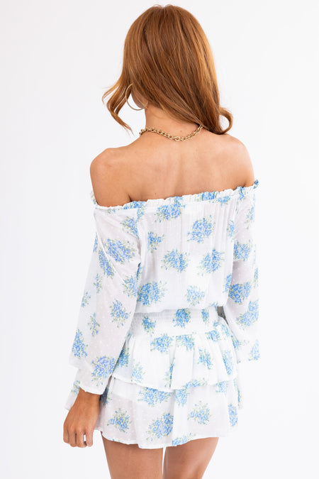 Ivory and Sapphire Floral Off Shoulder Romper