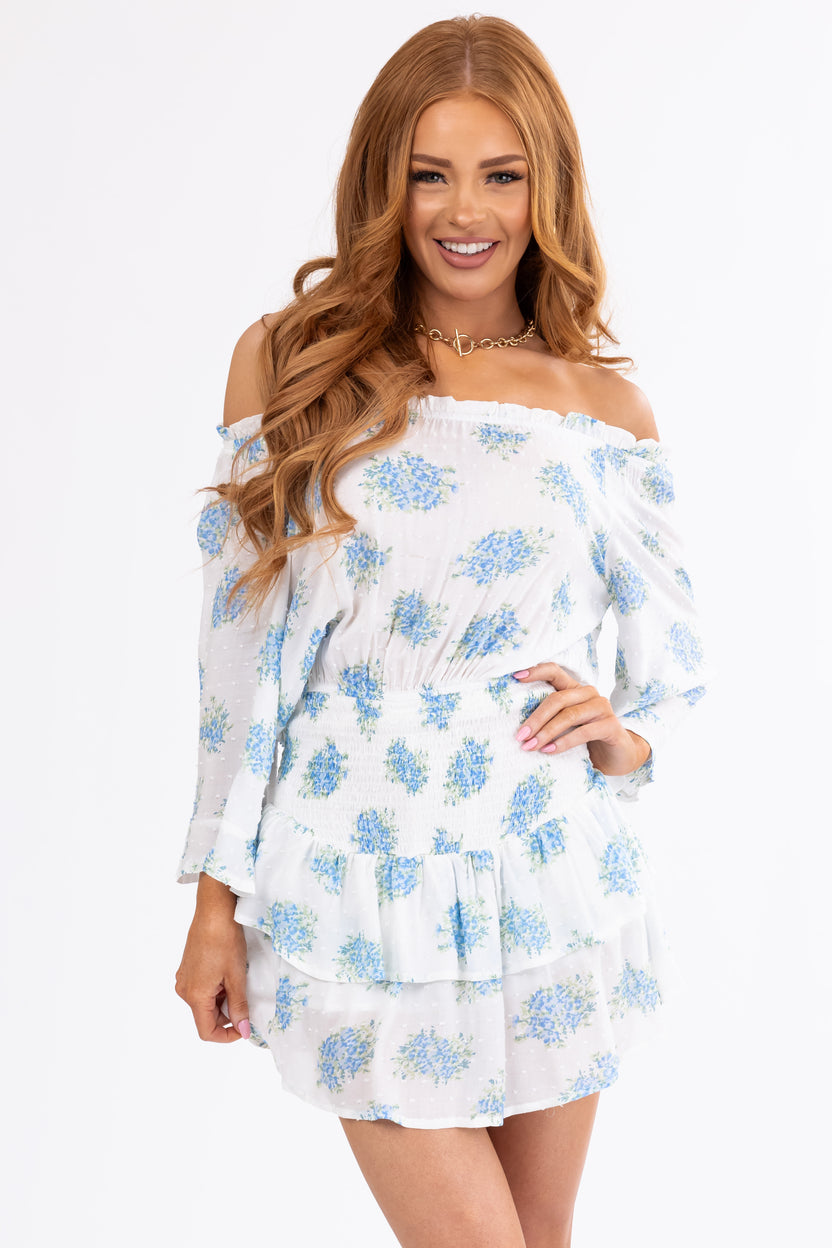 Ivory and Sapphire Floral Off Shoulder Romper