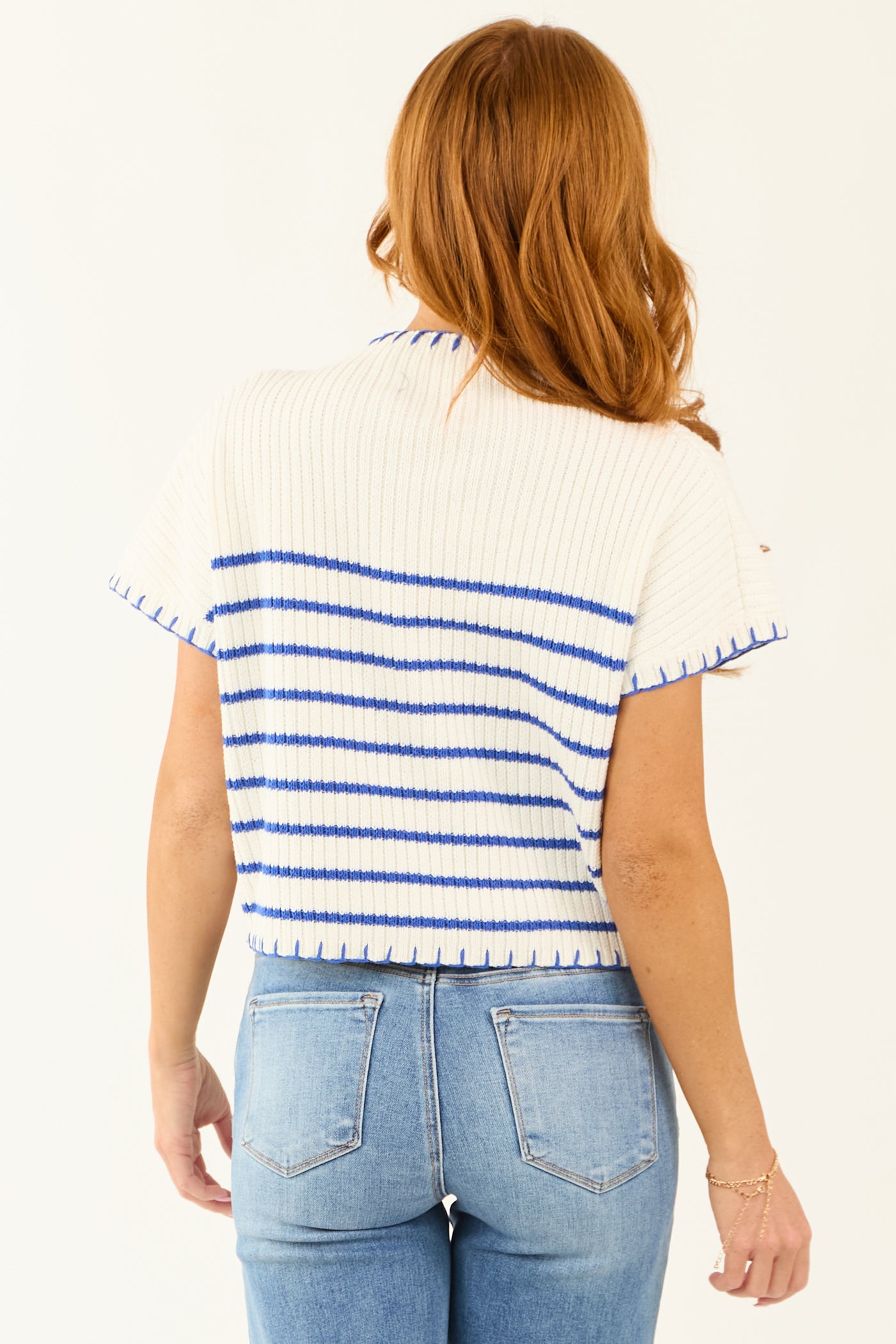 Ivory and Sapphire Striped Mock Neck Sweater Top