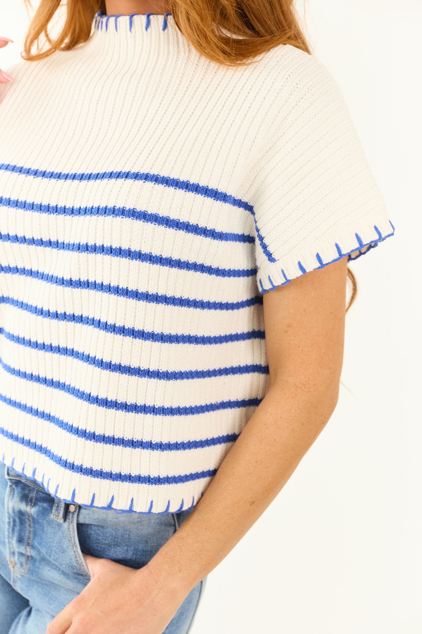 Ivory and Sapphire Striped Mock Neck Sweater Top