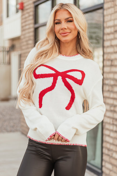 Ivory Bow Graphic Crew Neck Long Sleeve Sweater