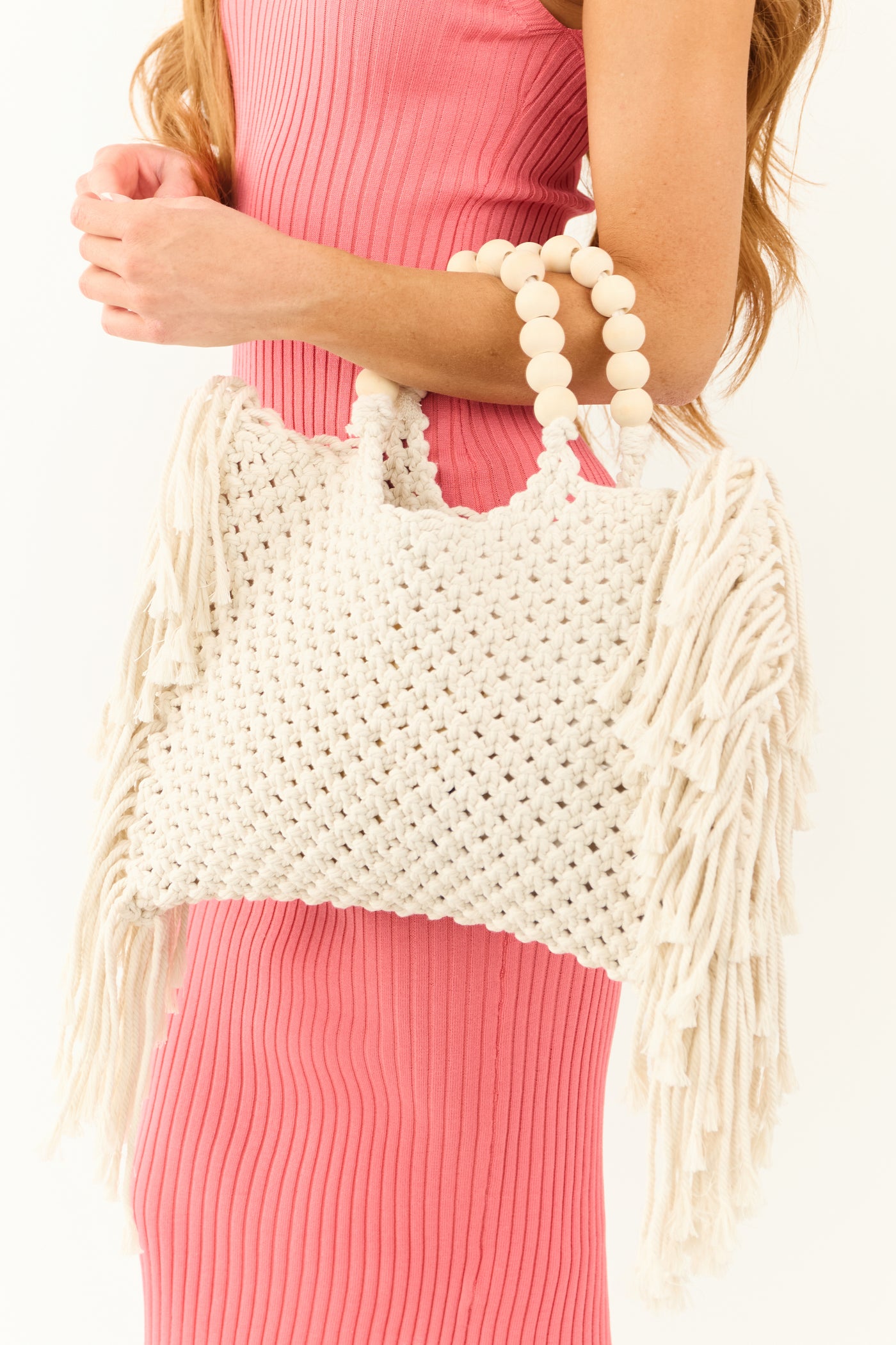 Ivory Braided Rope Fringe Wooden Bead Handle Bag