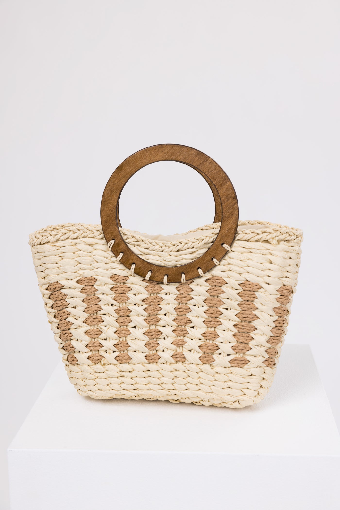 Ivory Braided Tote Bag with Wood Handles