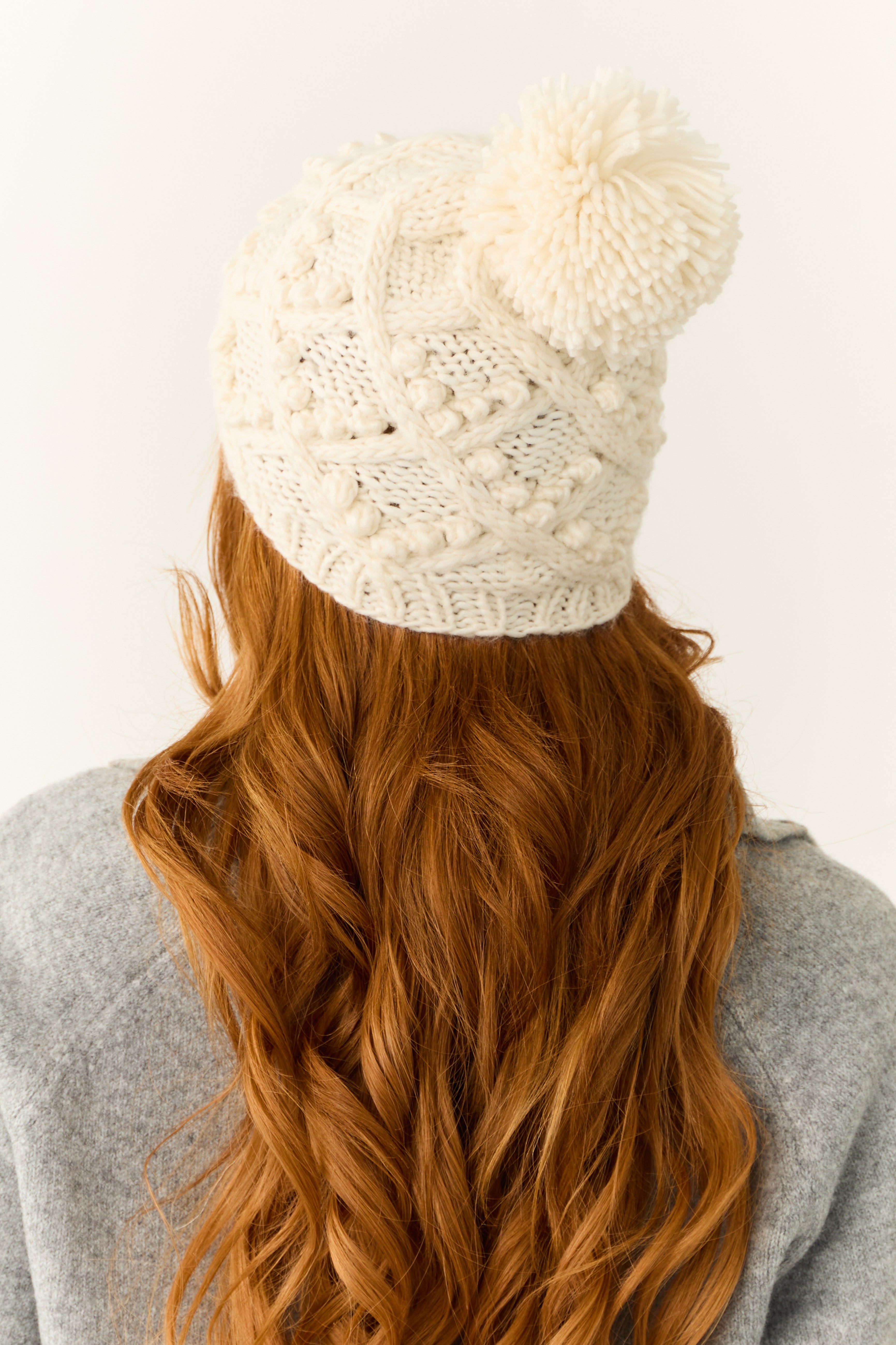 Ivory Cable Knit Pom Pom Beanie