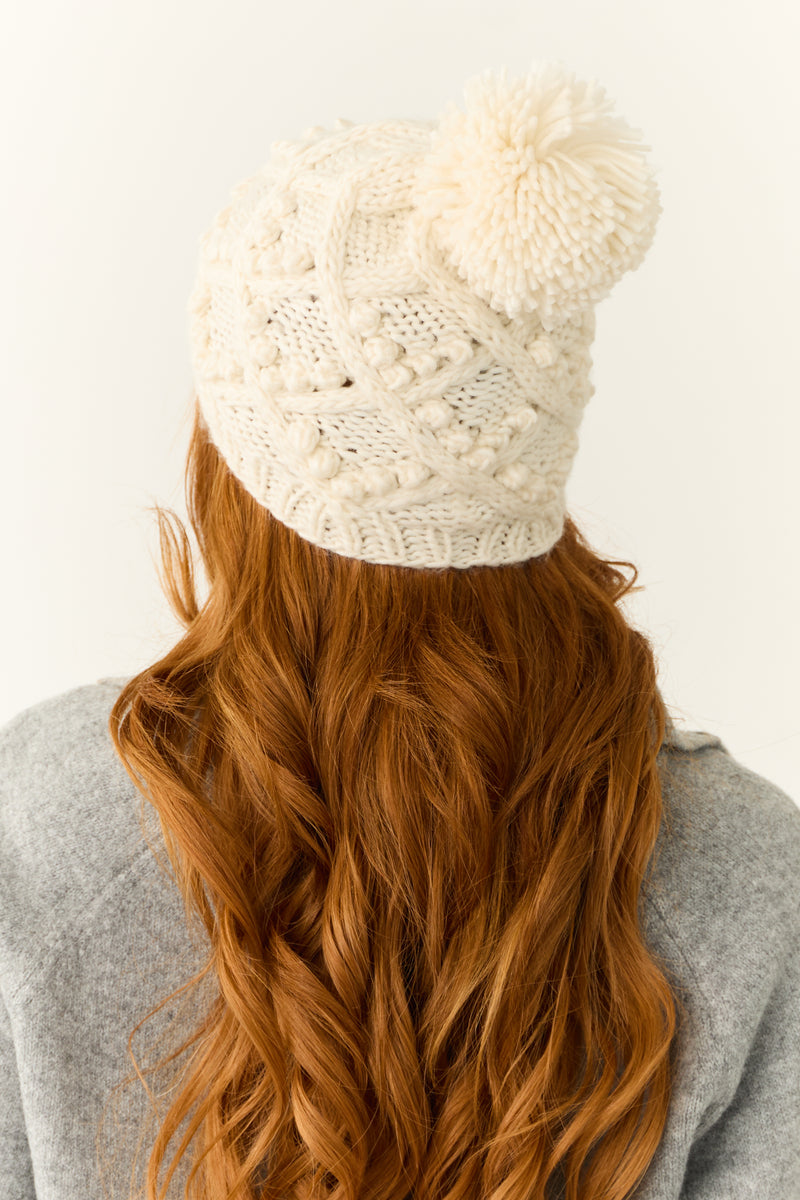 Ivory Cable Knit Pom Pom Beanie