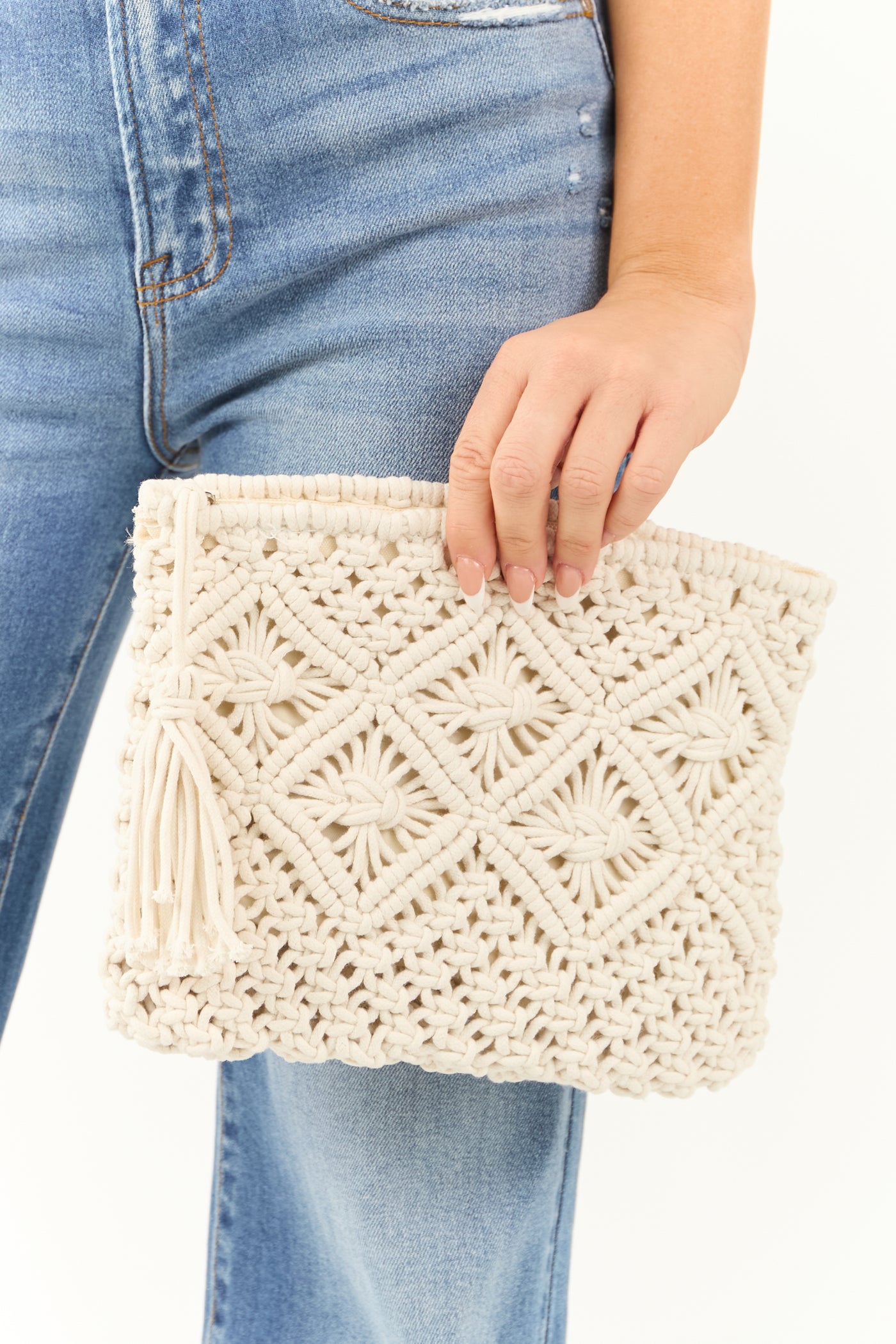 Ivory Crochet Clutch Tassel Purse