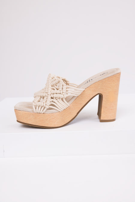 Ivory Crochet Strap Faux Wood Heels