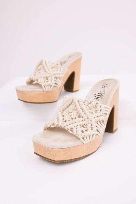 Ivory Crochet Strap Faux Wood Heels