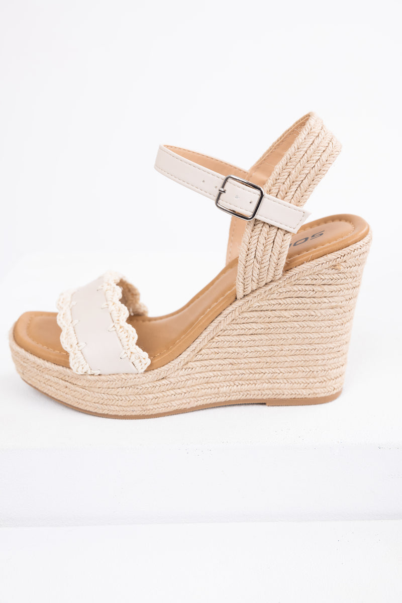 Ivory Crochet Trim Strap Espadrille Wedges