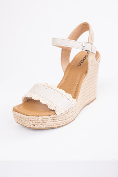 Ivory Crochet Trim Strap Espadrille Wedges