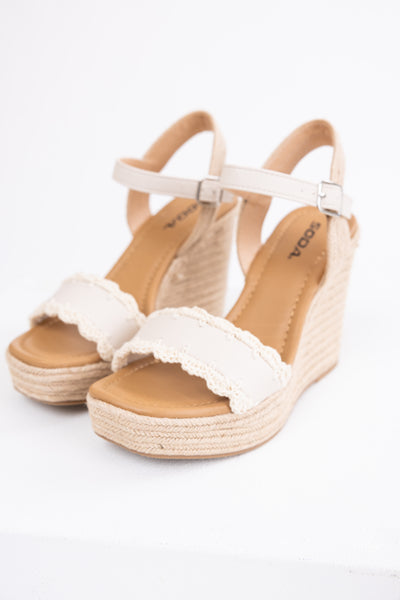 Ivory Crochet Trim Strap Espadrille Wedges