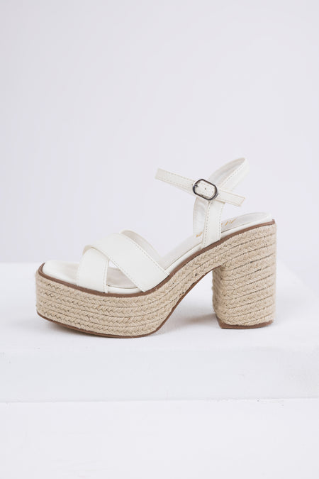 Ivory Cross Strap Espadrille Platform Block Heels