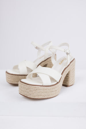 Ivory Cross Strap Espadrille Platform Block Heels