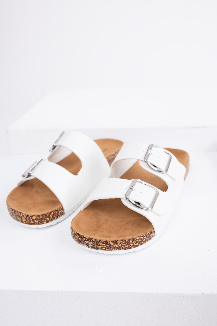 Ivory Double Buckle Slide On Sandals