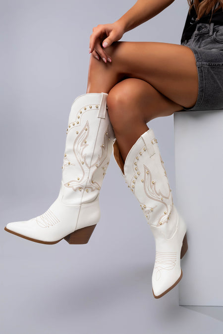  Ivory Embroidered Pearl Detail Heeled Boots