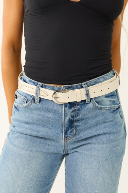 Ivory Faux Leather Studded Belt with Silver Buckle