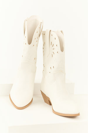 Ivory Faux Suede Mid Calf Embroidered Boots