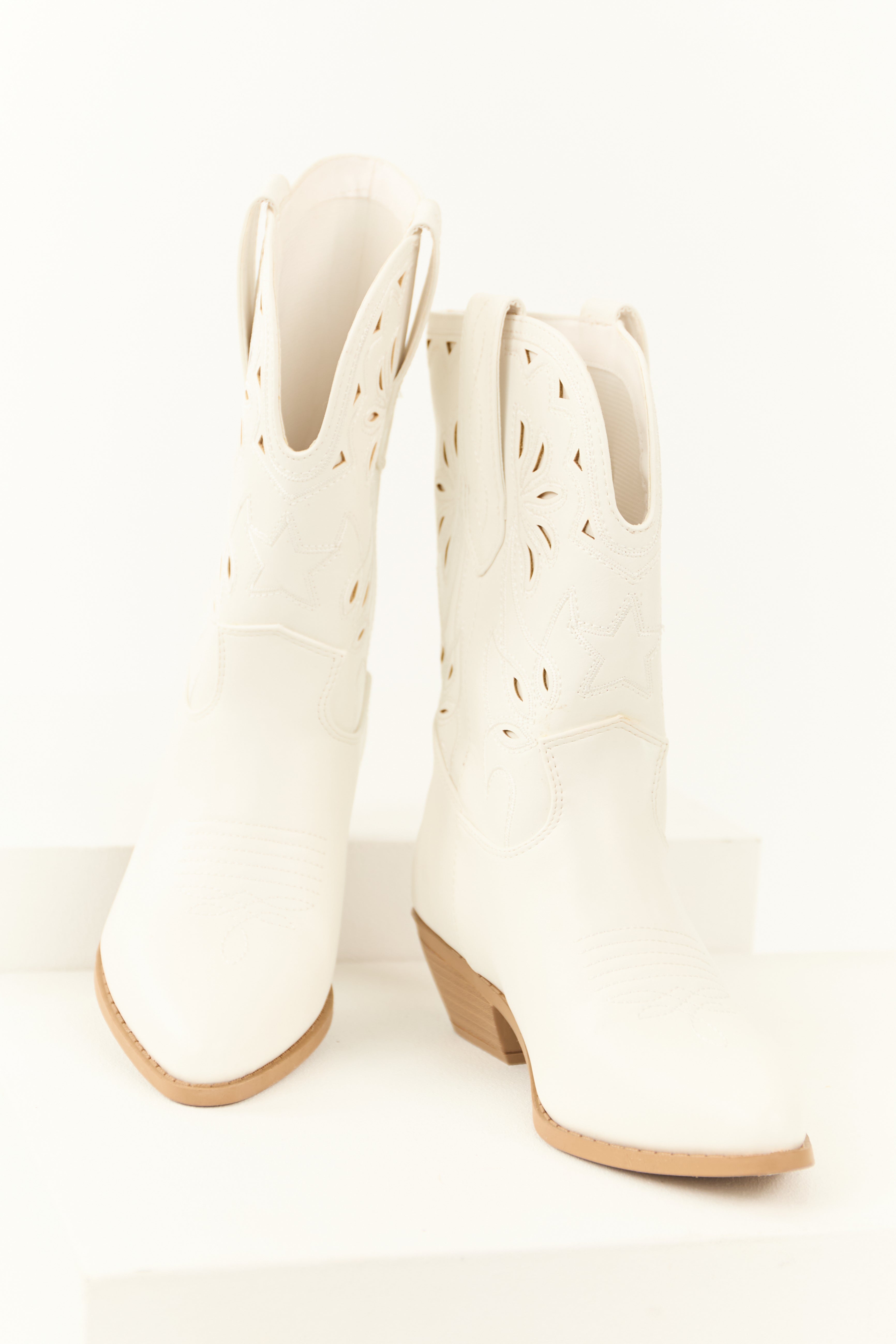 Ivory Faux Suede Mid Calf Embroidered Boots