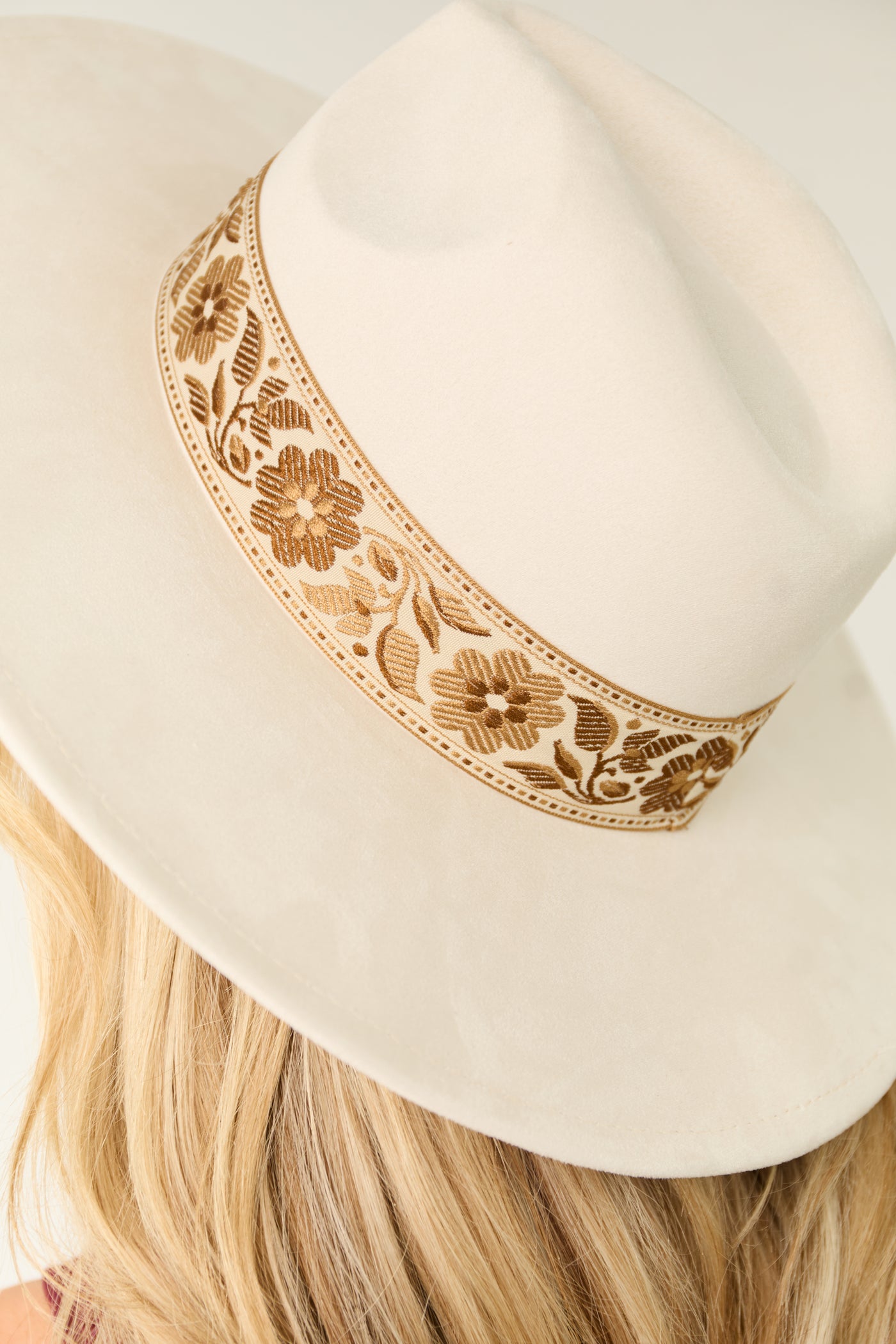 Ivory Flower Ribbon Wide Brim Fedora Hat