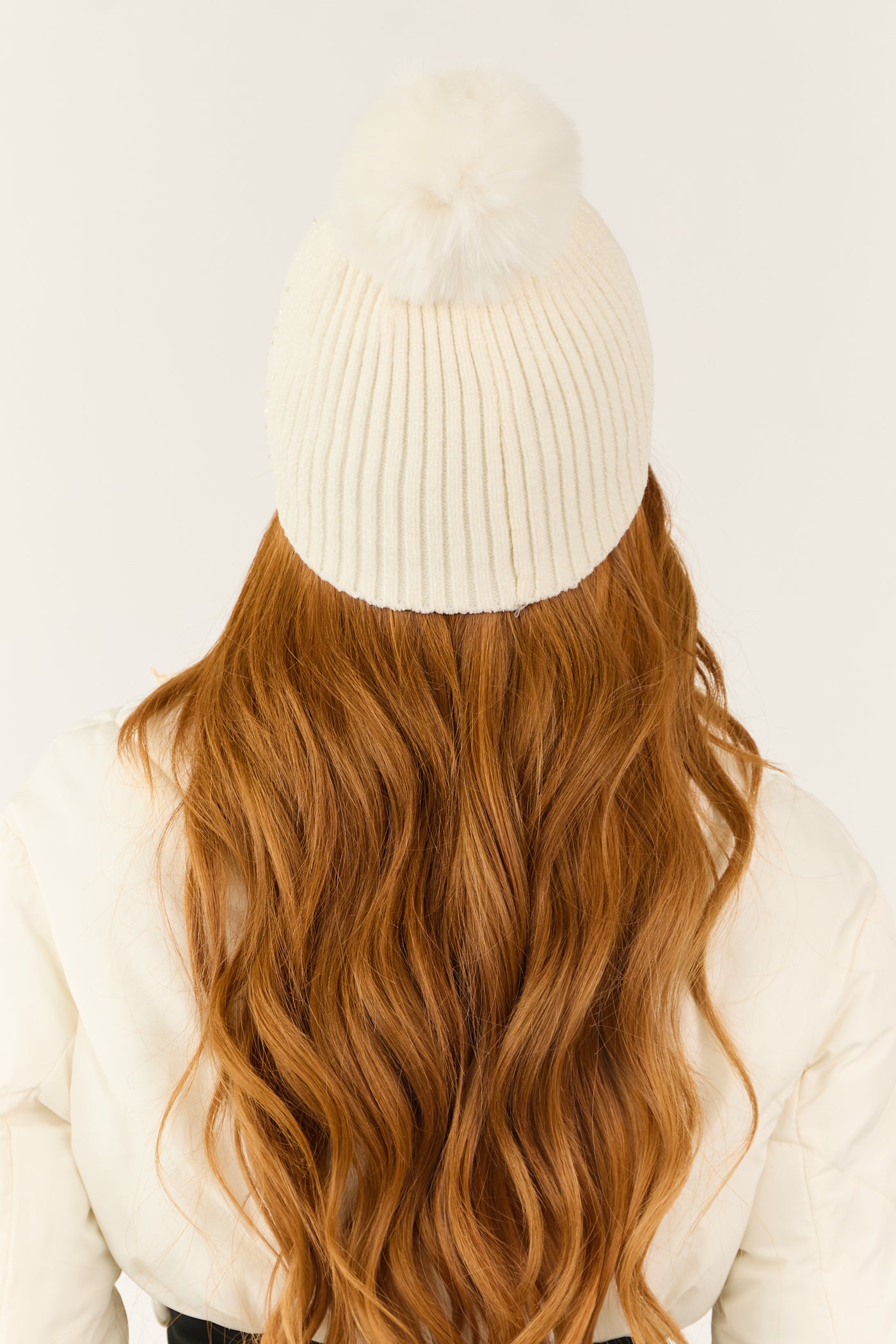 Ivory Gemstone Embellished Chenille Pom Pom Beanie