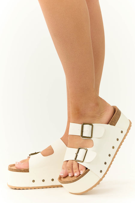 Ivory Platform Double Strap Buckle Sandals