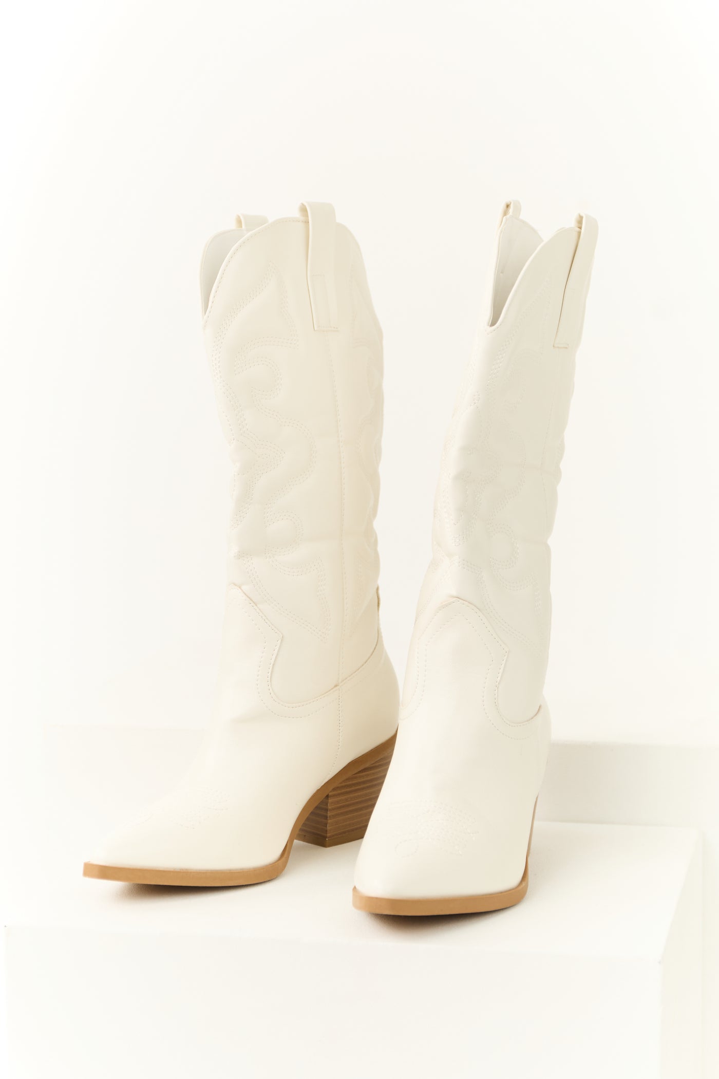 Ivory Faux Leather Pointed Toe Western Boots