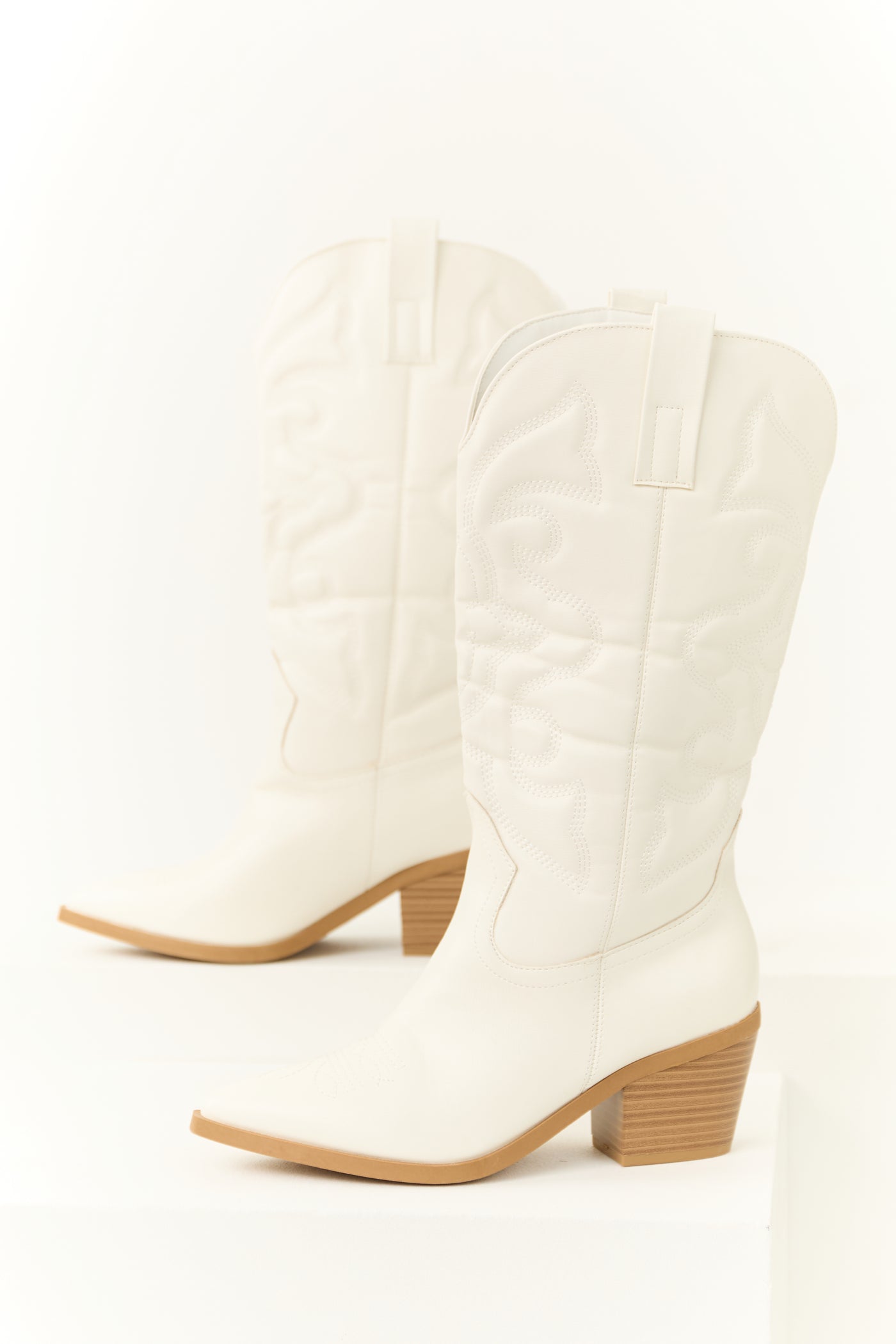 Ivory Faux Leather Pointed Toe Western Boots