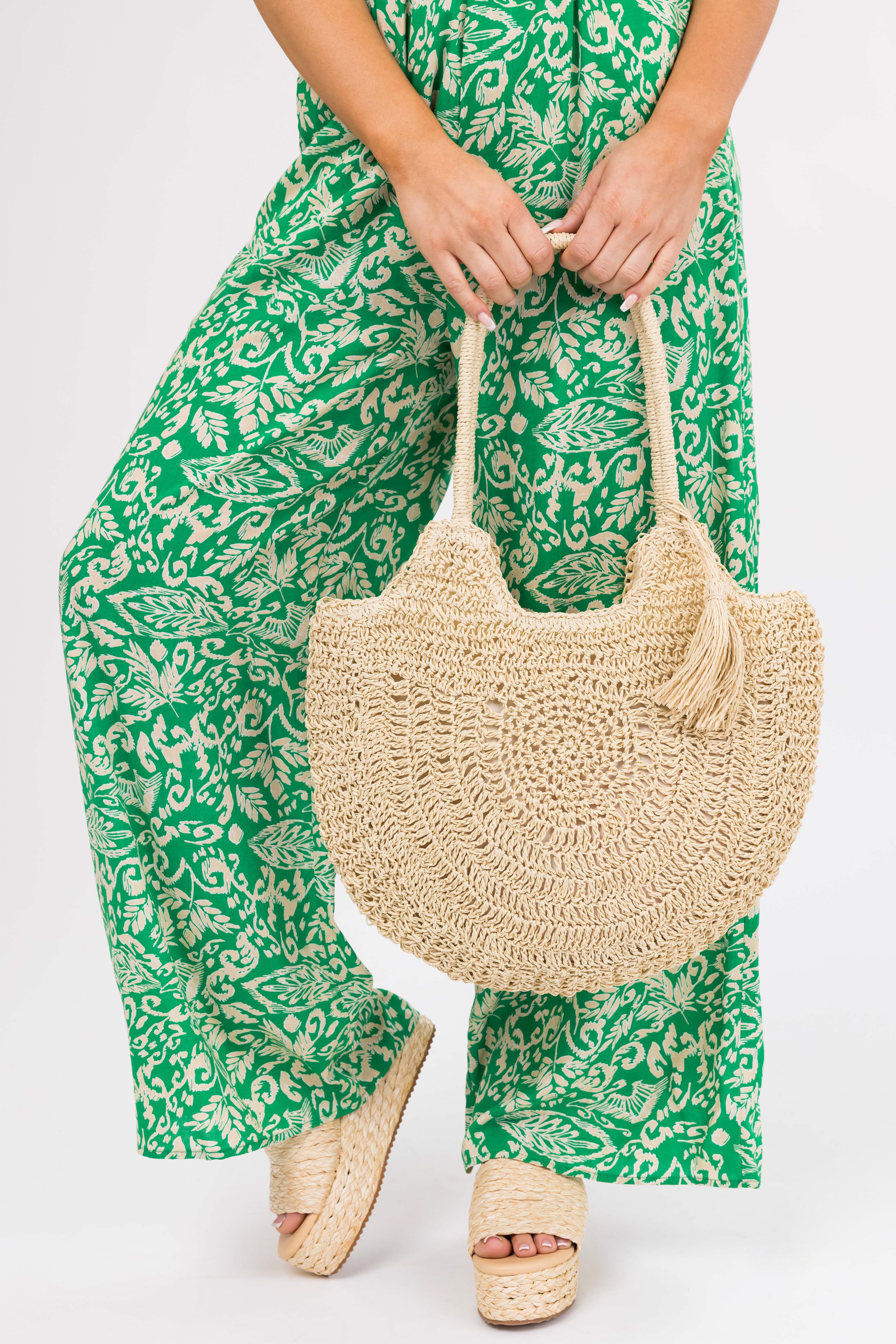 Ivory Semi Circle Straw Tote Bag