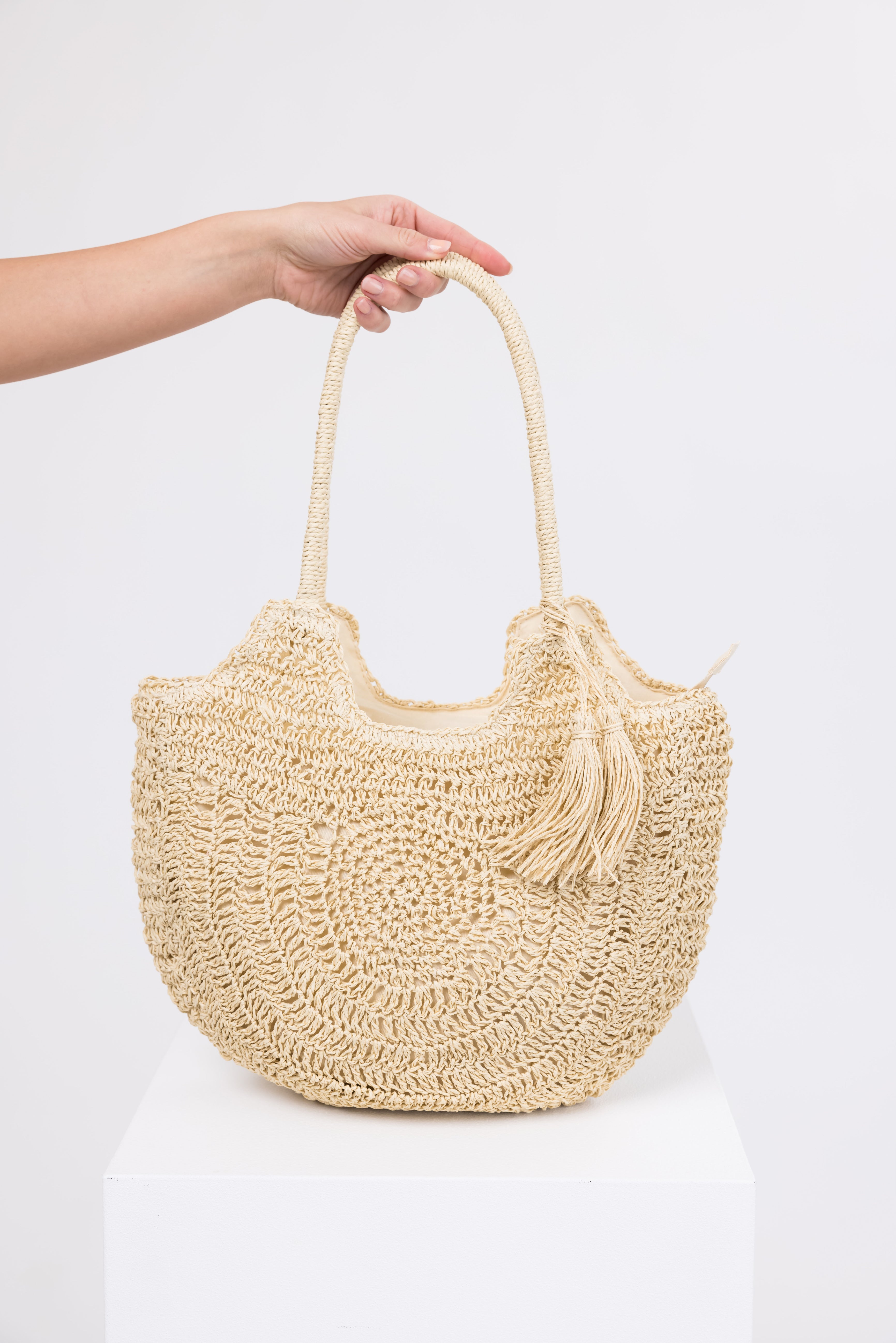 Ivory Semi Circle Straw Tote Bag