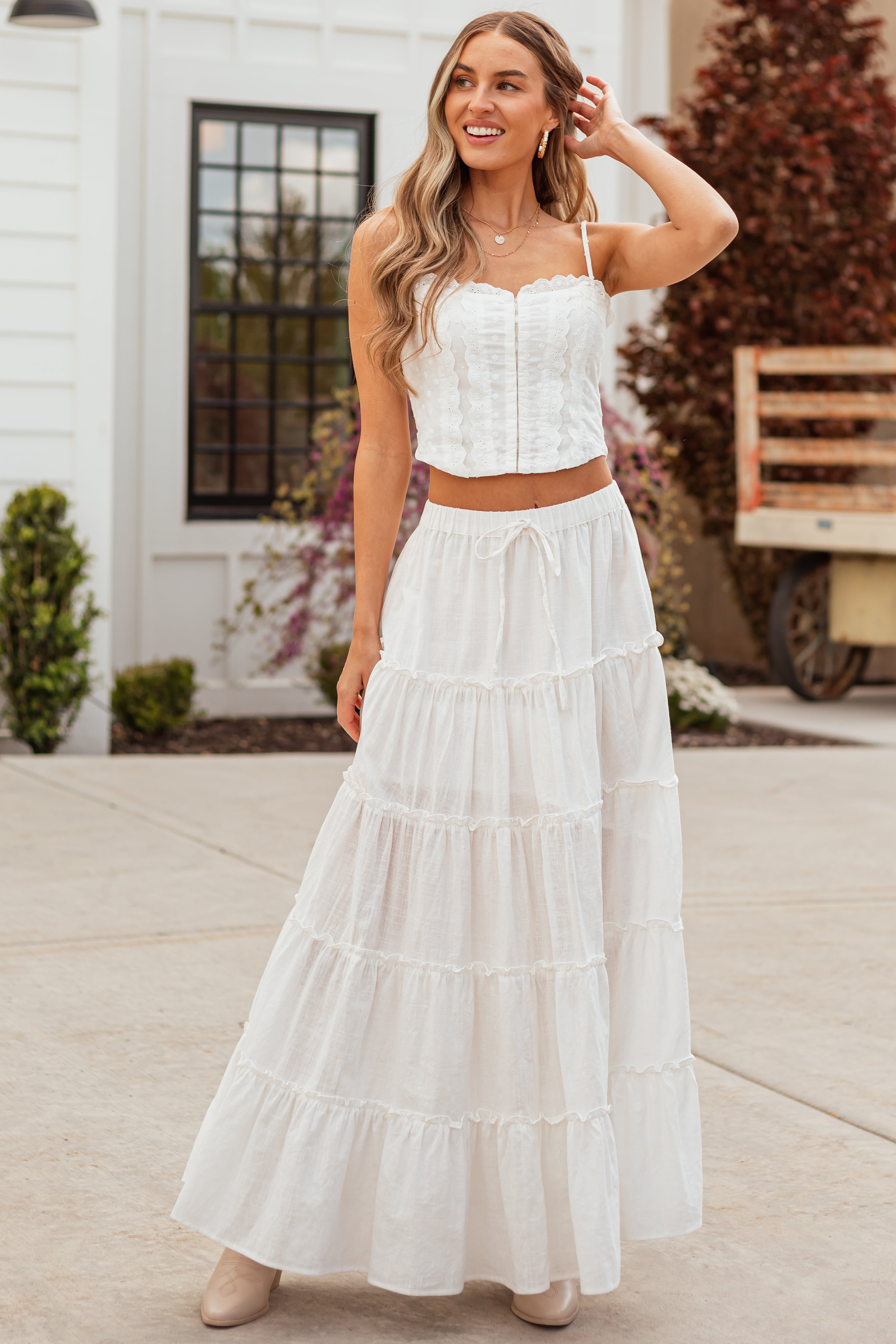 Ivory Tiered Frill Detail Drawstring Maxi Skirt