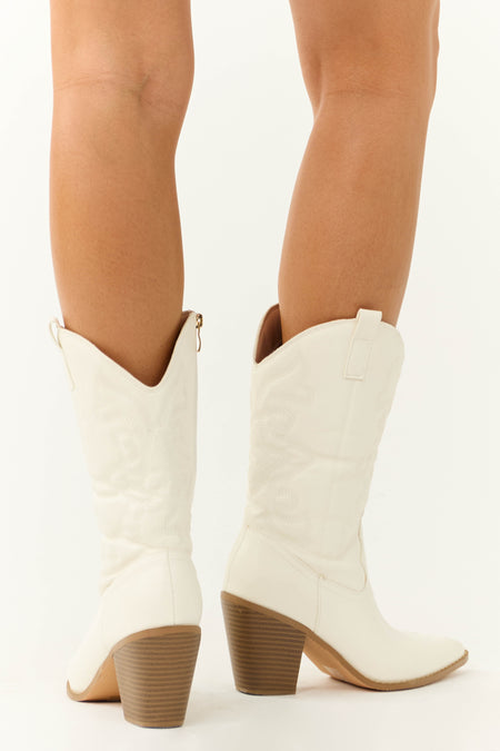 Ivory Western Embroidered Mid Calf Boots