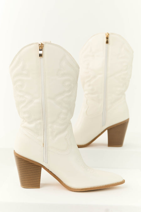 Ivory Western Embroidered Mid Calf Boots