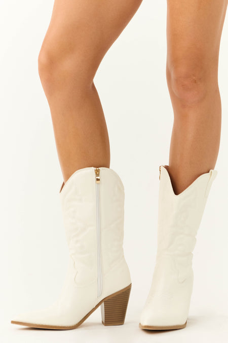 Ivory Western Embroidered Mid Calf Boots