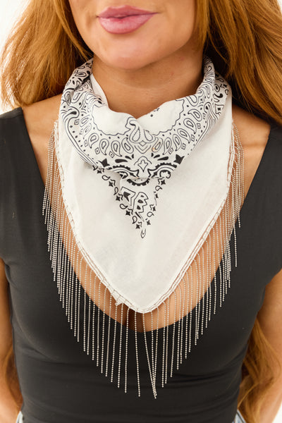 Ivory and Black Bling Chain Fringe Bandana