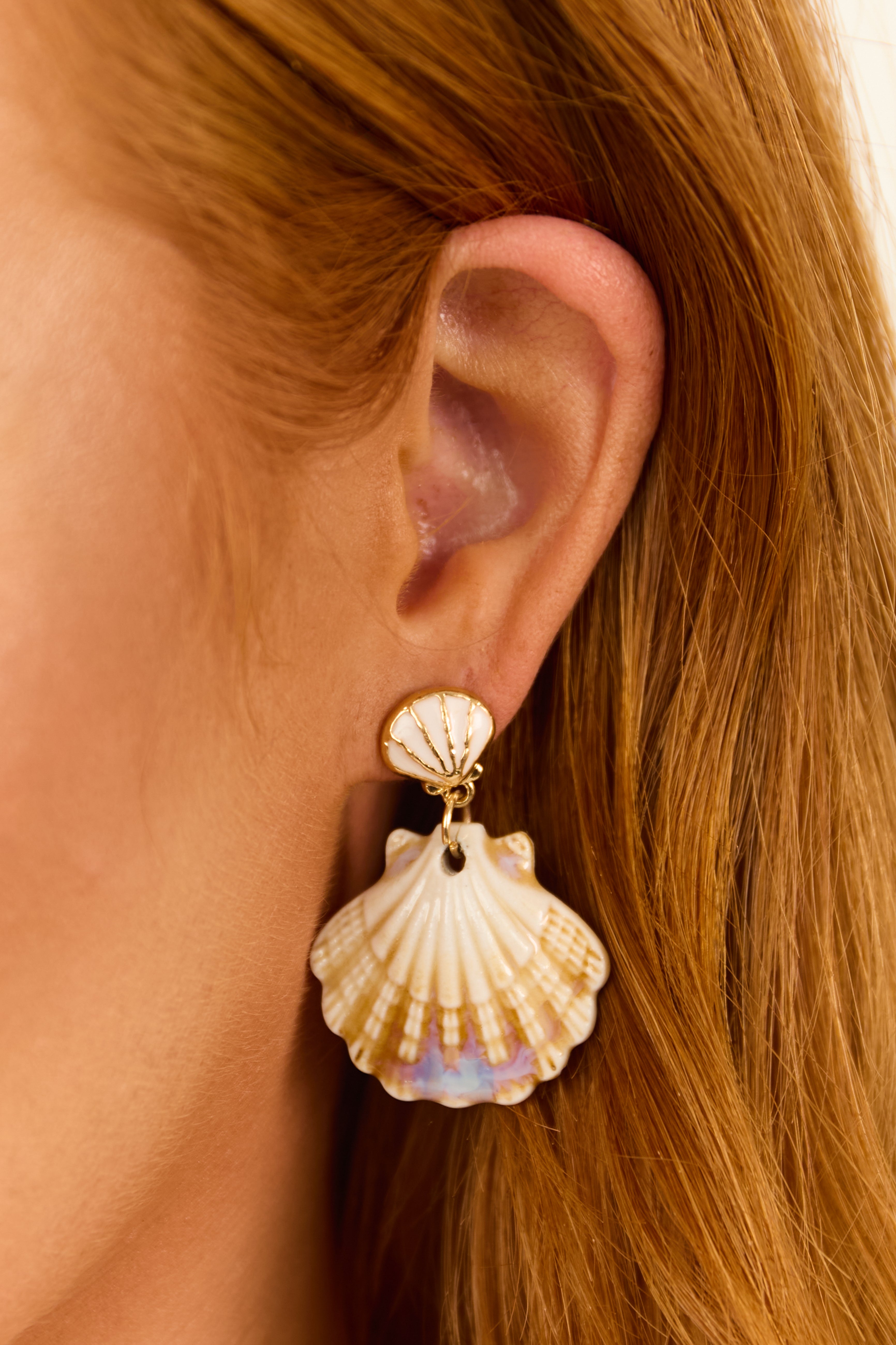 Ivory and Gold Double Clam Shell Dangle Earrings