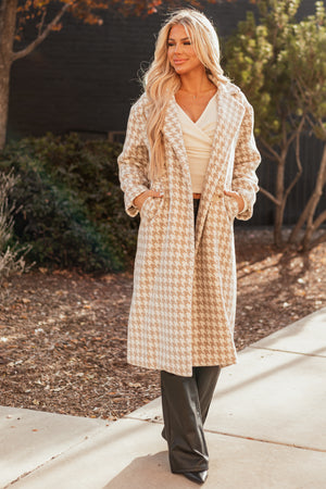 Ivory and Latte Houndstooth Pattern Trench Coat