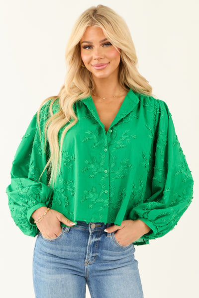 Jade Floral Embroidery Button Down Long Sleeve Top